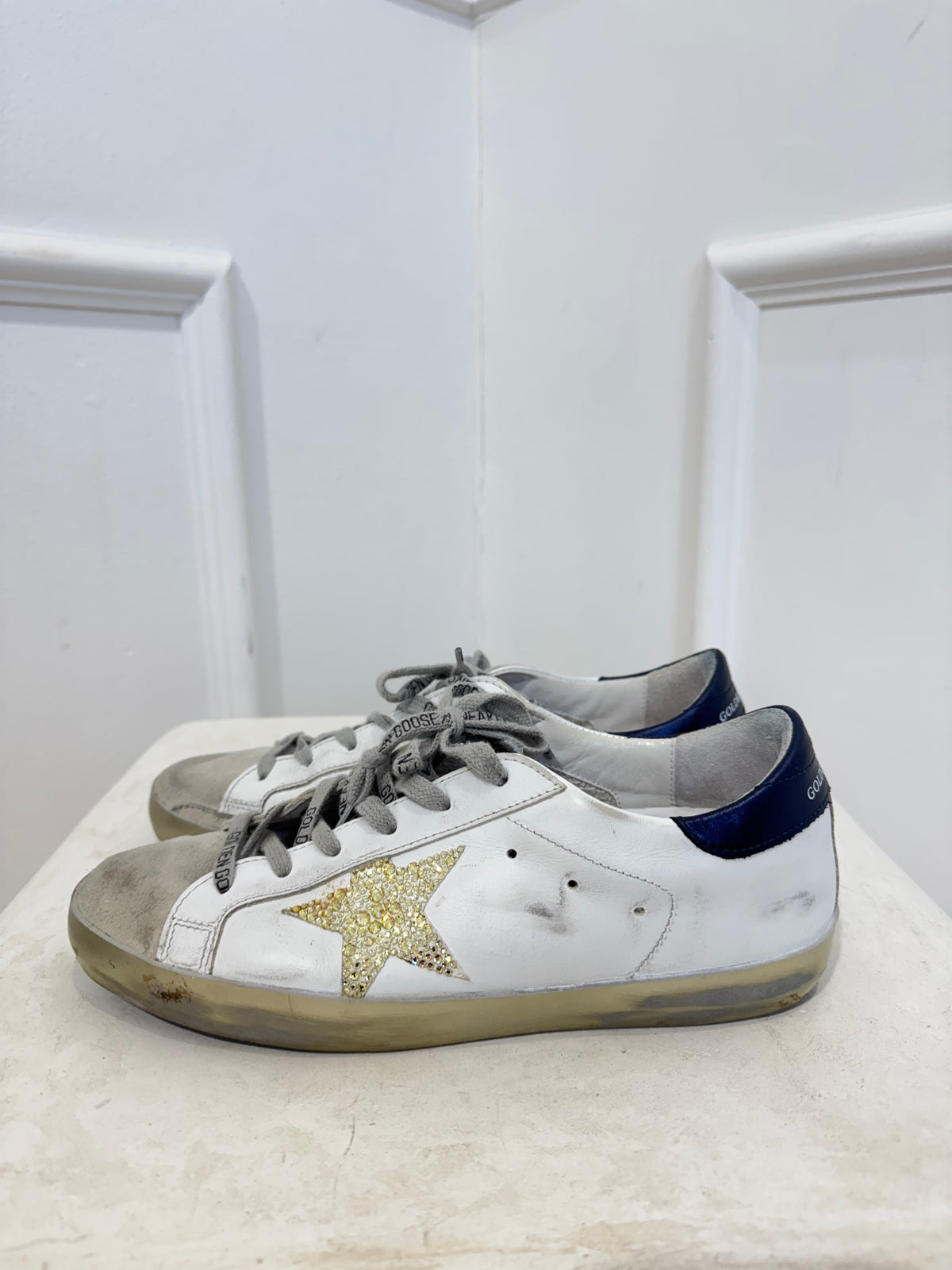 Golden Goose White and Gold Glitter Superstar Sneakers, 38