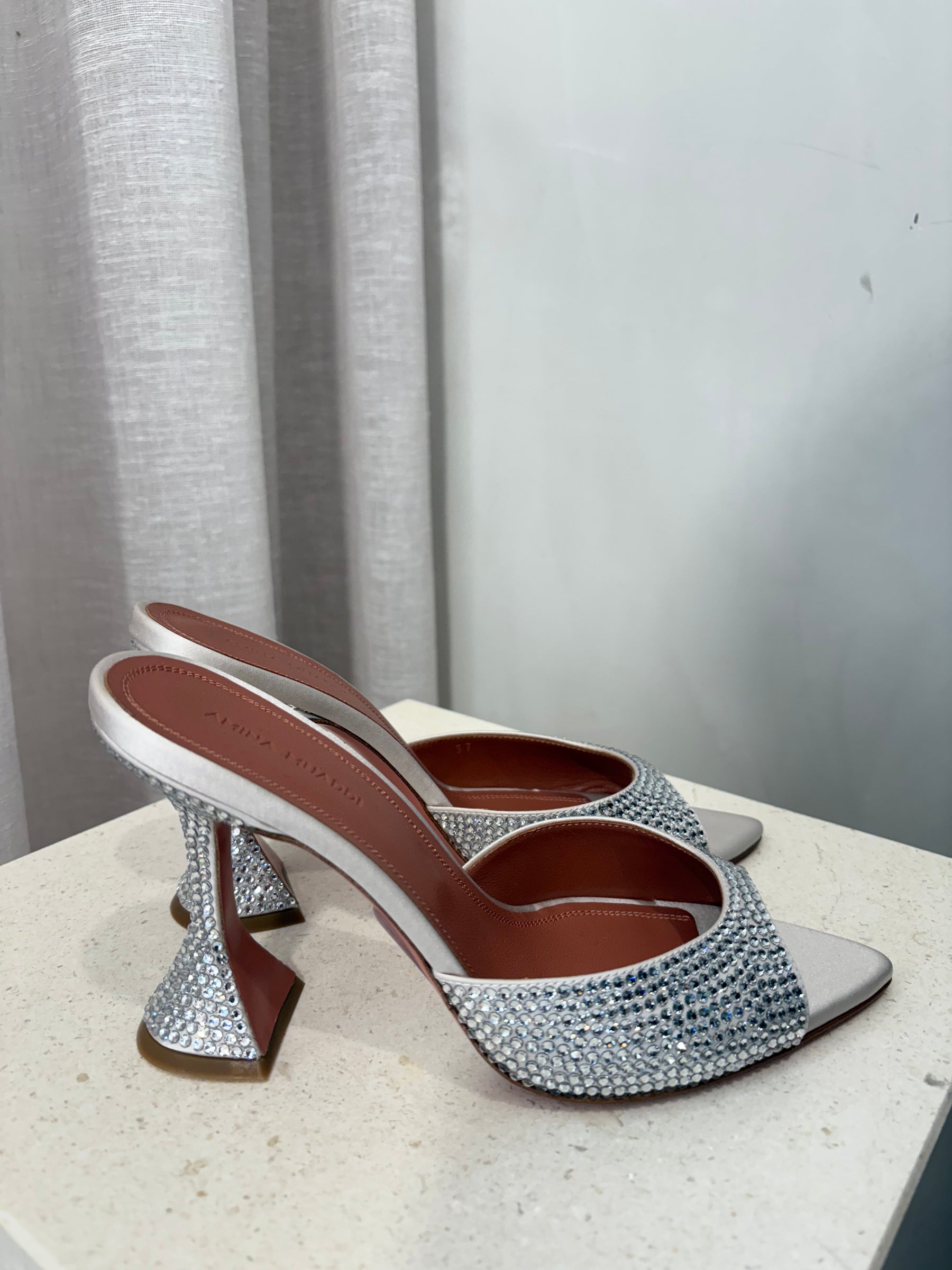Amina Muaddi Caroline Crystal Mules Light Grey, 37