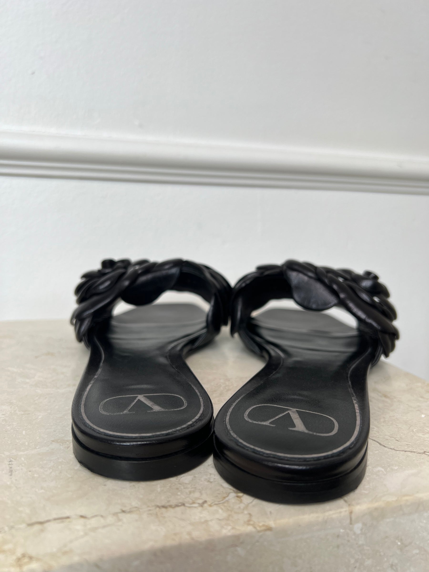 Valentino Black Leather Rose Atelier Slides, 39