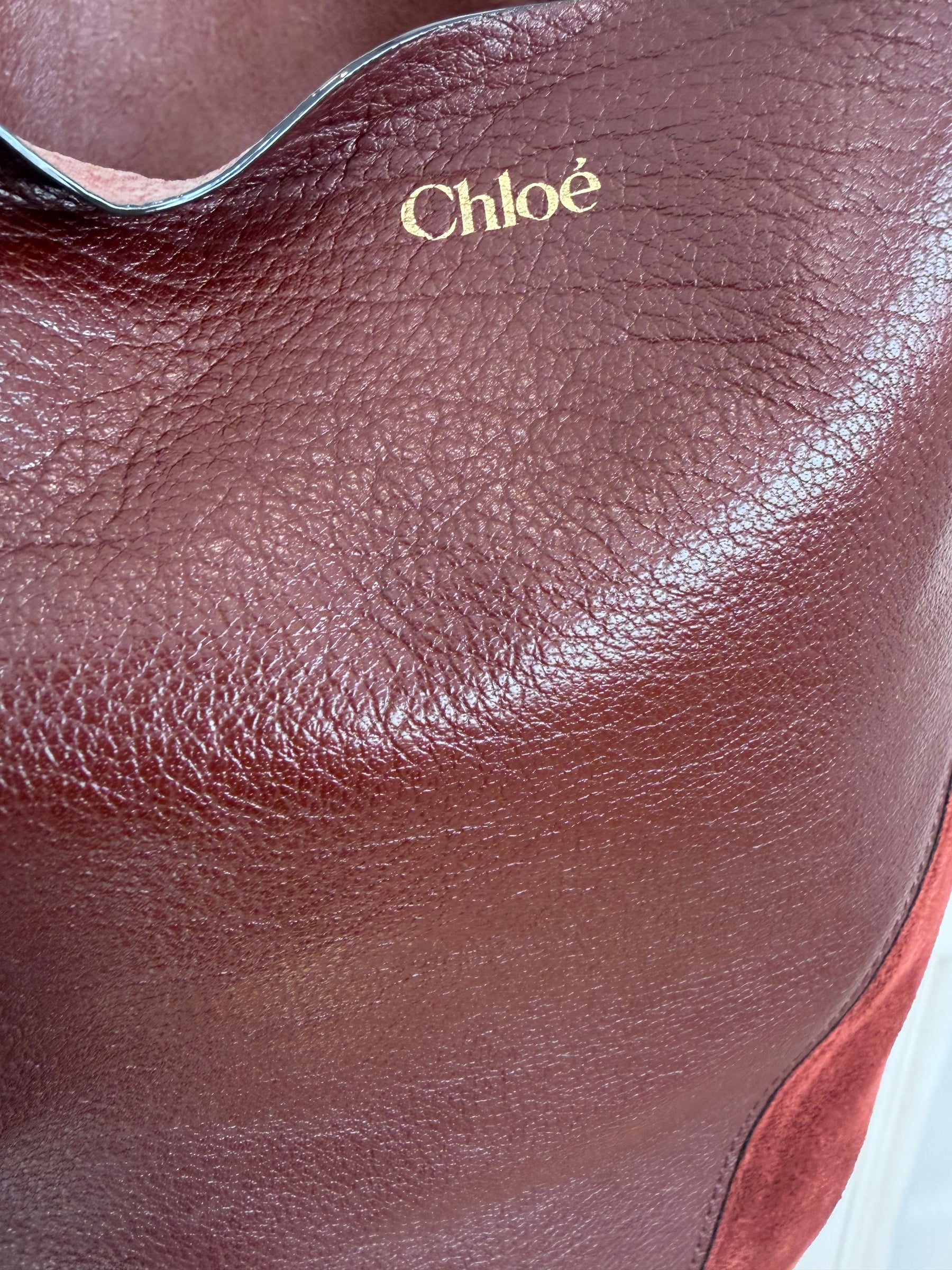 Chloé Burgundy Leather and Suede Spin Tote