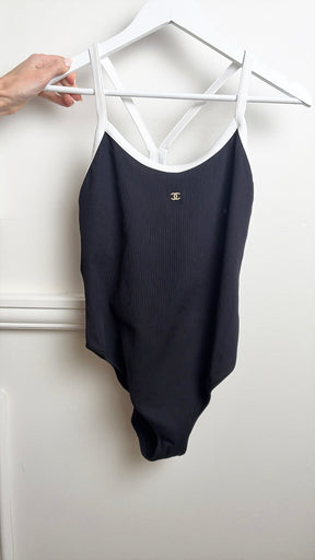 Chanel Black with White Trim Logo One Piece Swimsuit, 44 FR