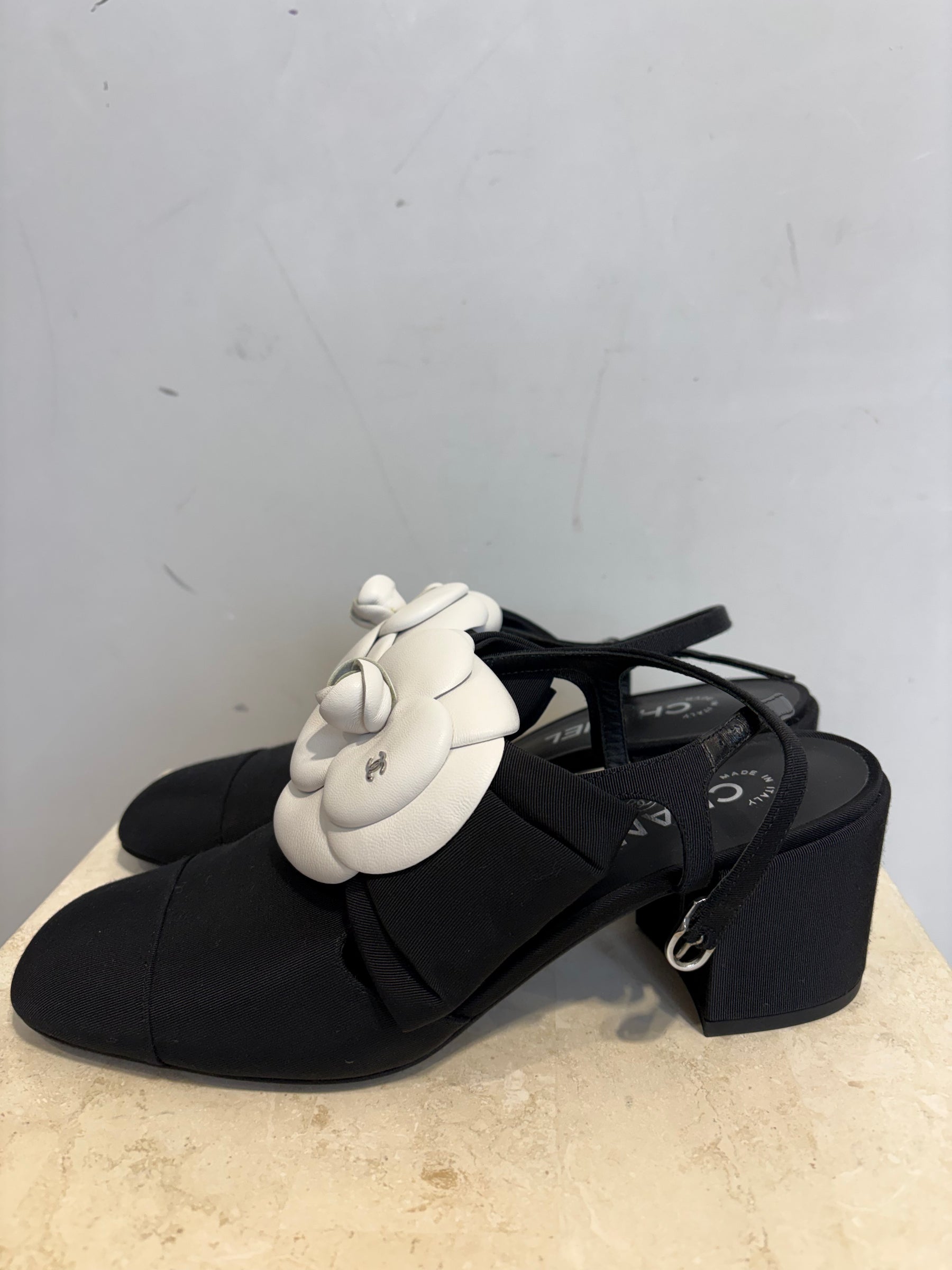 Chanel Fabric Block Heel Sling Back Pumps With Camelia, 39 C