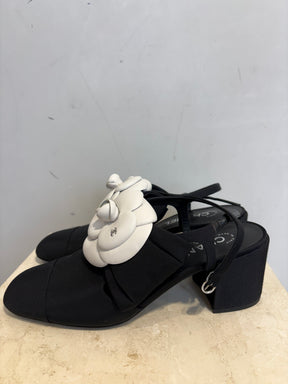 Chanel Fabric Block Heel Sling Back Pumps With Camelia, 39 C