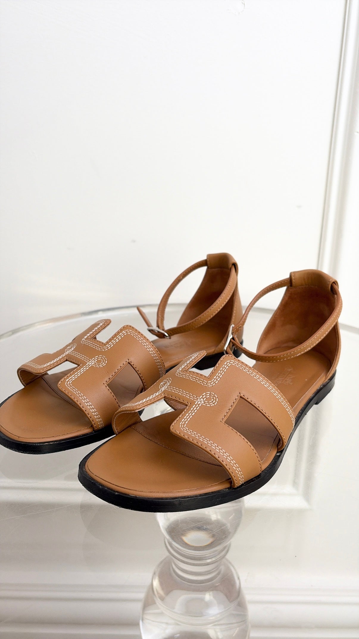 Hermès Tan Leather Embroidered Santorini Sandals, 37