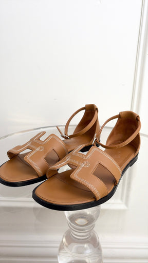 Hermès Tan Leather Embroidered Santorini Sandals, 37