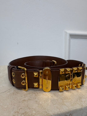 Miu Miu Brown Leather Wide Belt Gold Tone Hardware, 90/36