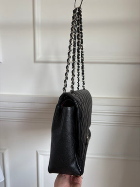 Chanel Caviar Leather Double Flap Maxi Bag Silver Hardware