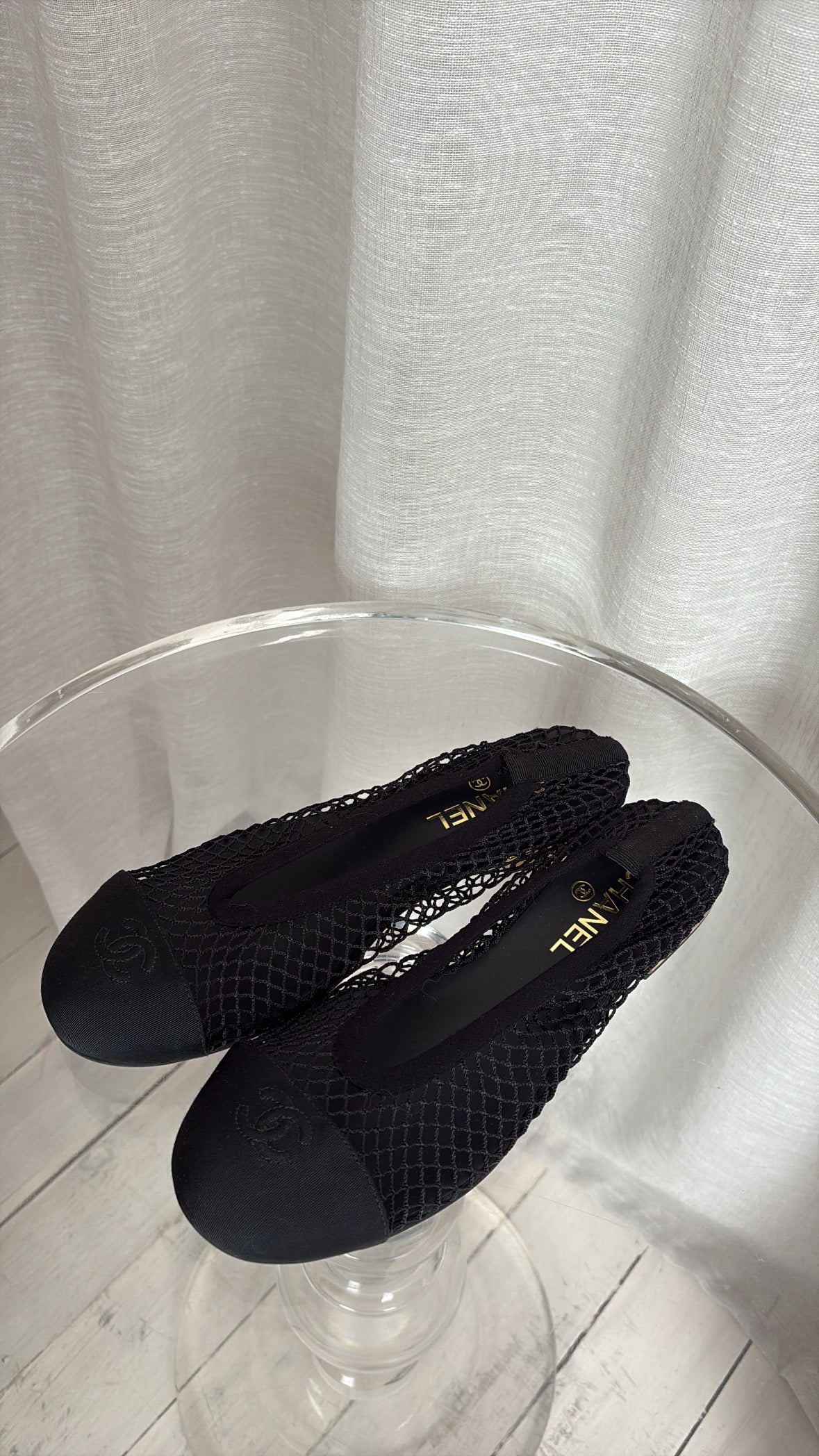 Chanel Black Net Ballet Flat with Gold Heel, 41