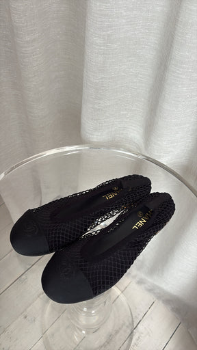 Chanel Black Net Ballet Flat with Gold Heel, 41