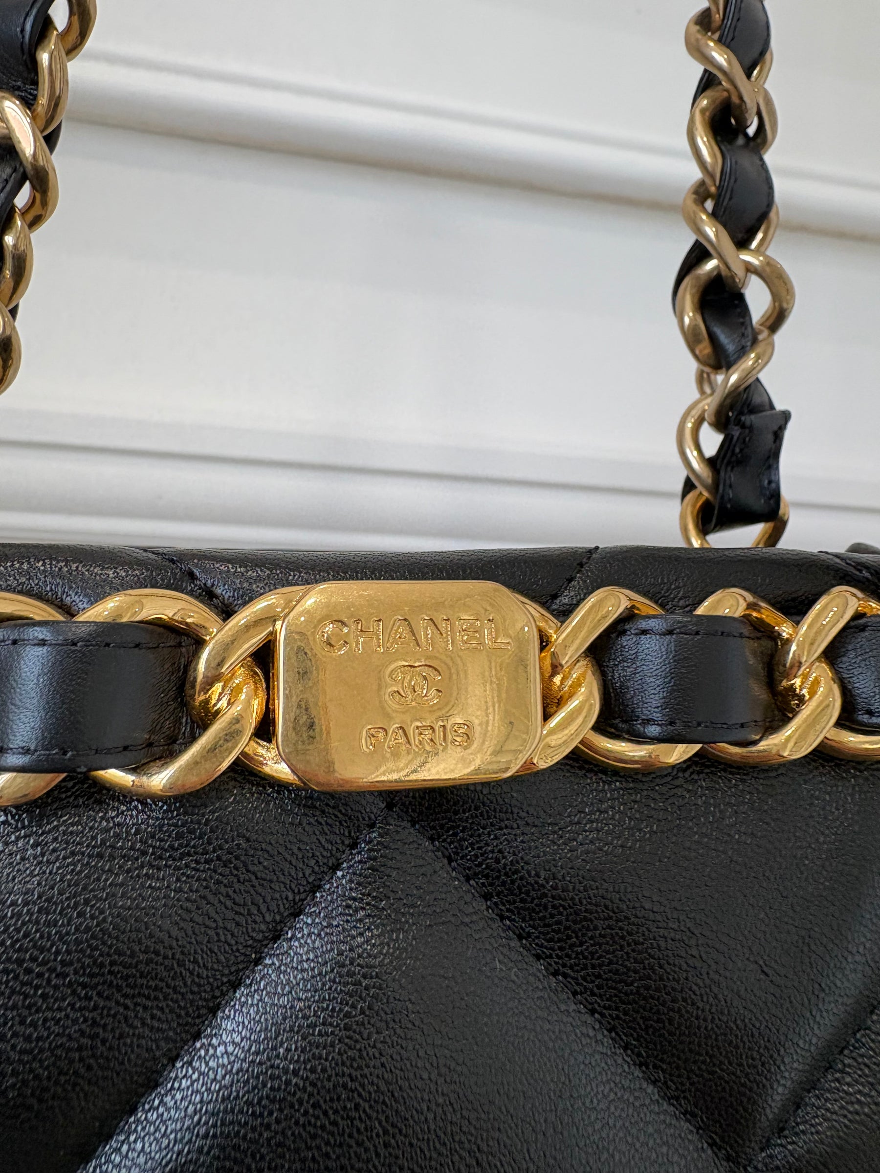 Chanel Black Lambskin Quilted Leather Chain Tote