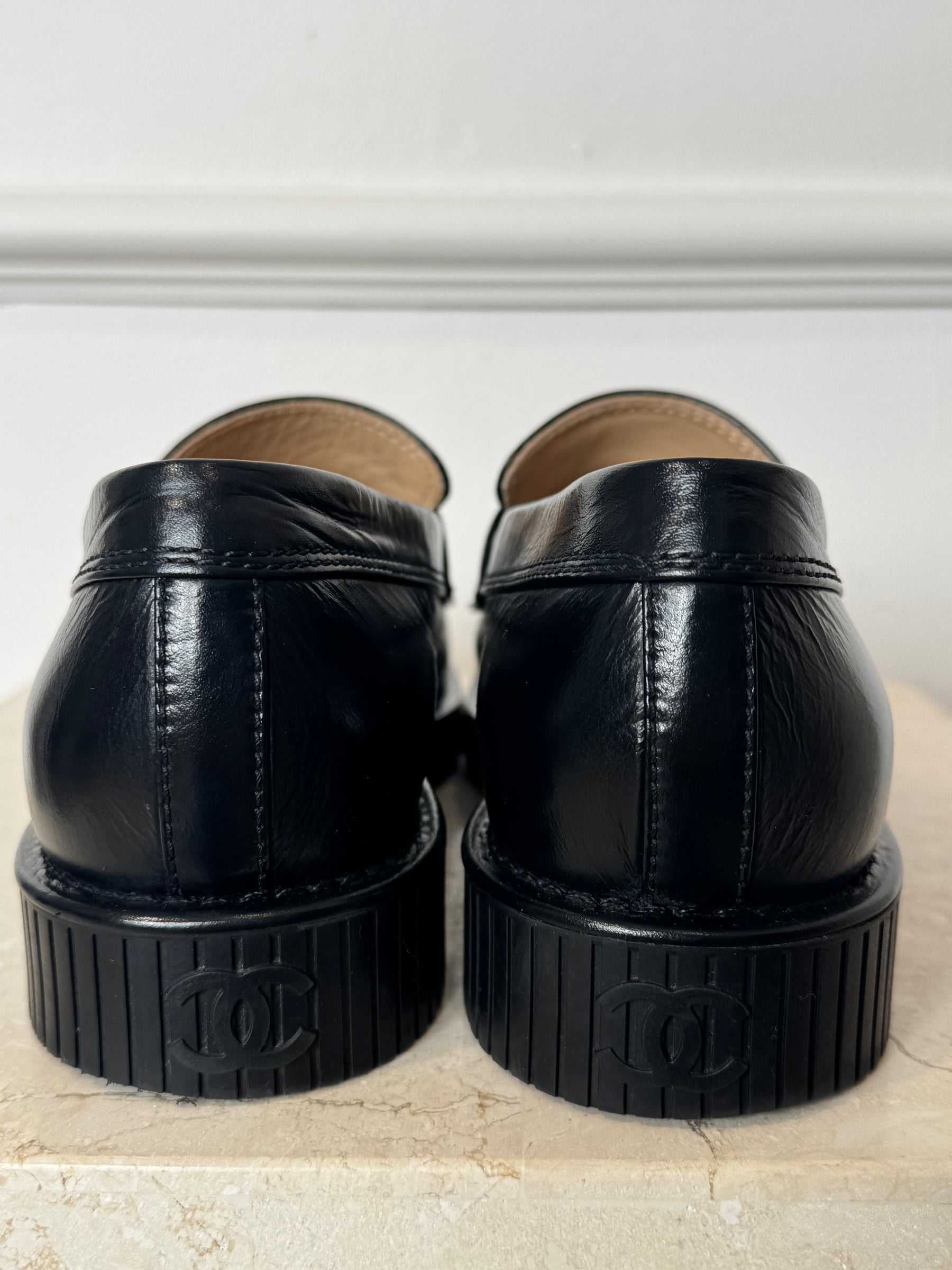 Chanel Black Leather CC Logo Loafer, 37.5C