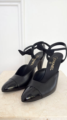 Chanel Black Leather Bow Ankle Slingback Heels, 38C