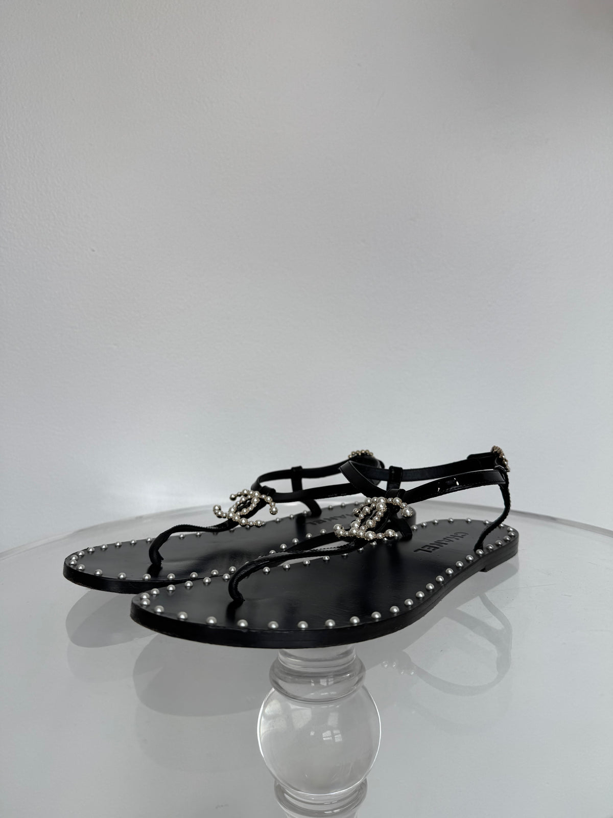 Chanel Black Leather Pearl Embellised Sandals, 38.5C