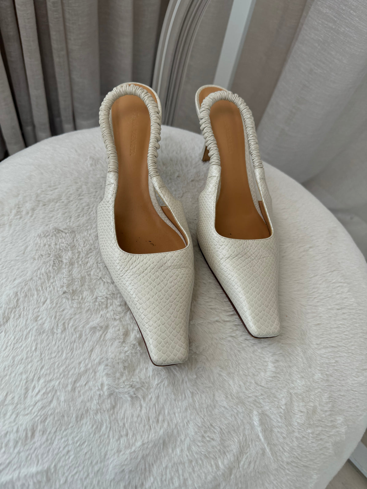 Bottega Veneta Ivory Reptile Print Pointed Slingback Pumps, 39