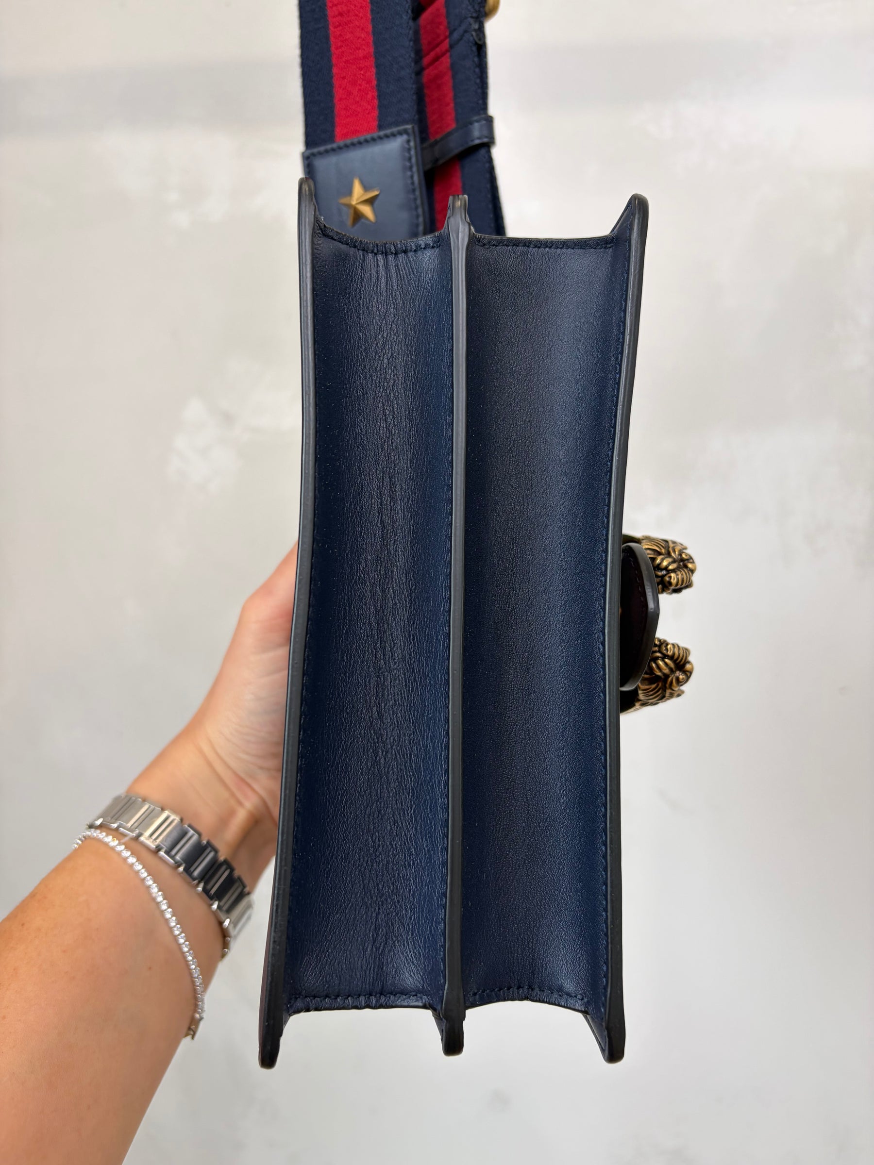 Gucci Navy Green and Red Leather Bamboo Top Handle Dionysus Bag