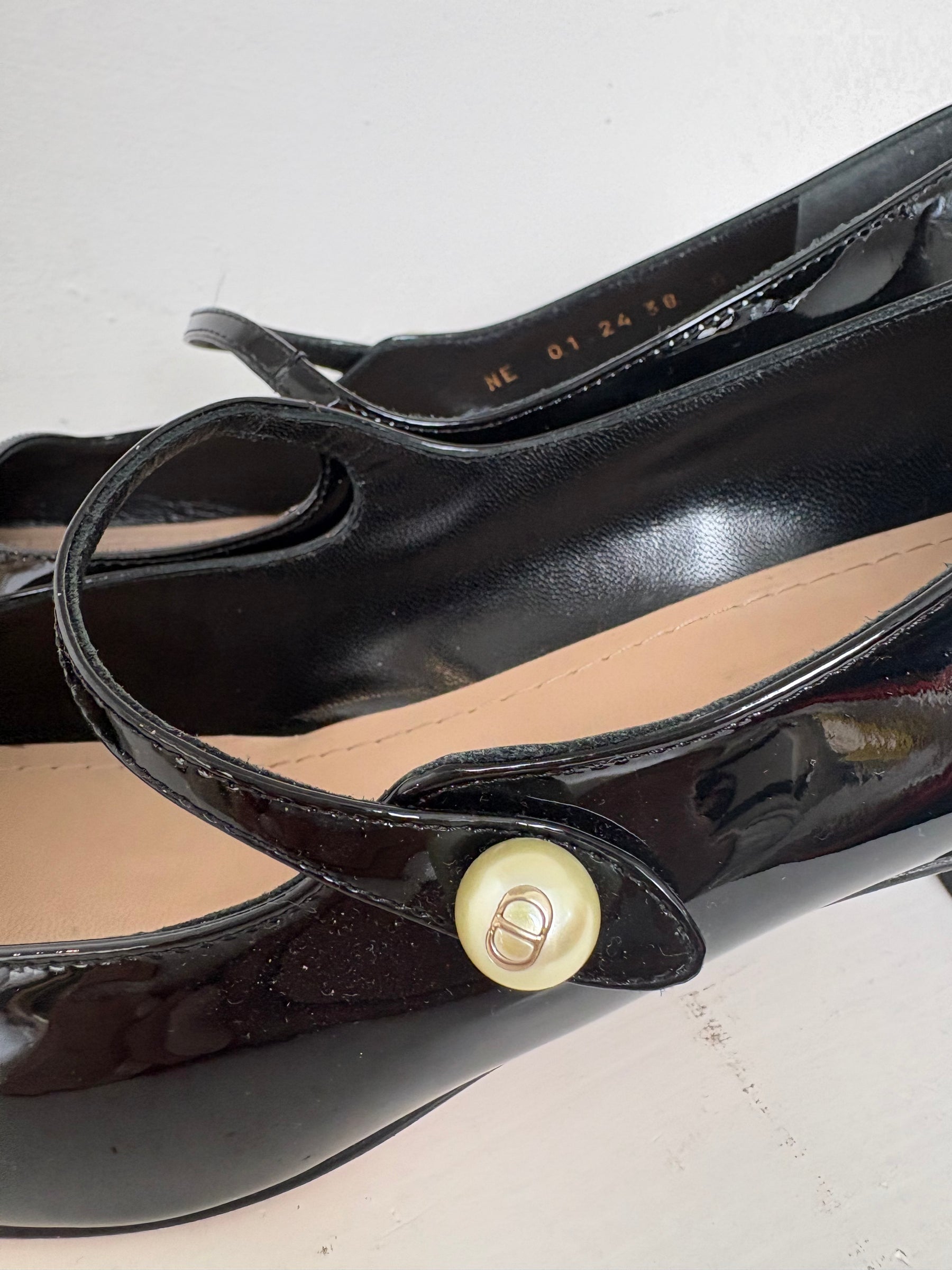Dior Black Patent Leather Pearl Mary Jane's, 38