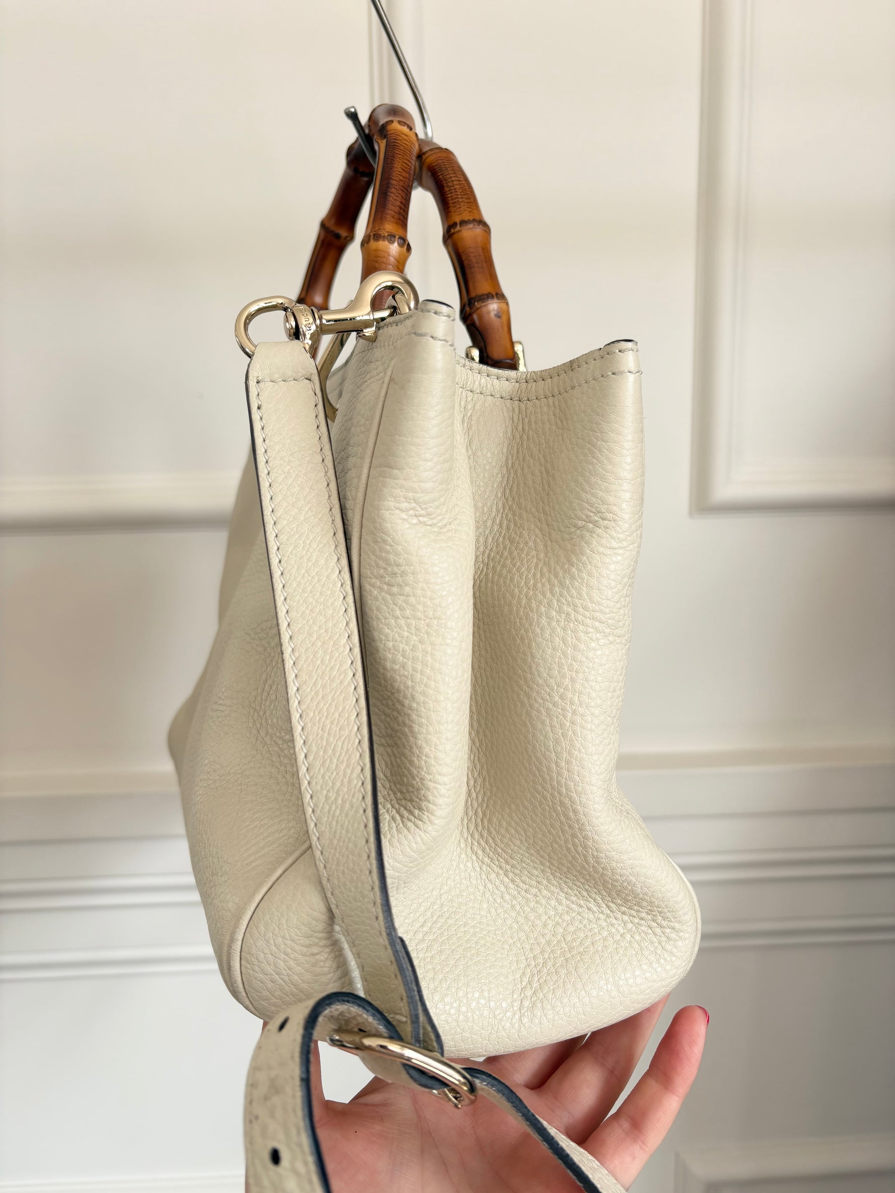 Gucci Bamboo Shopper Leather Tote Cream With Shoulder Strap