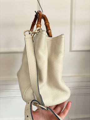 Gucci Bamboo Shopper Leather Tote Cream With Shoulder Strap