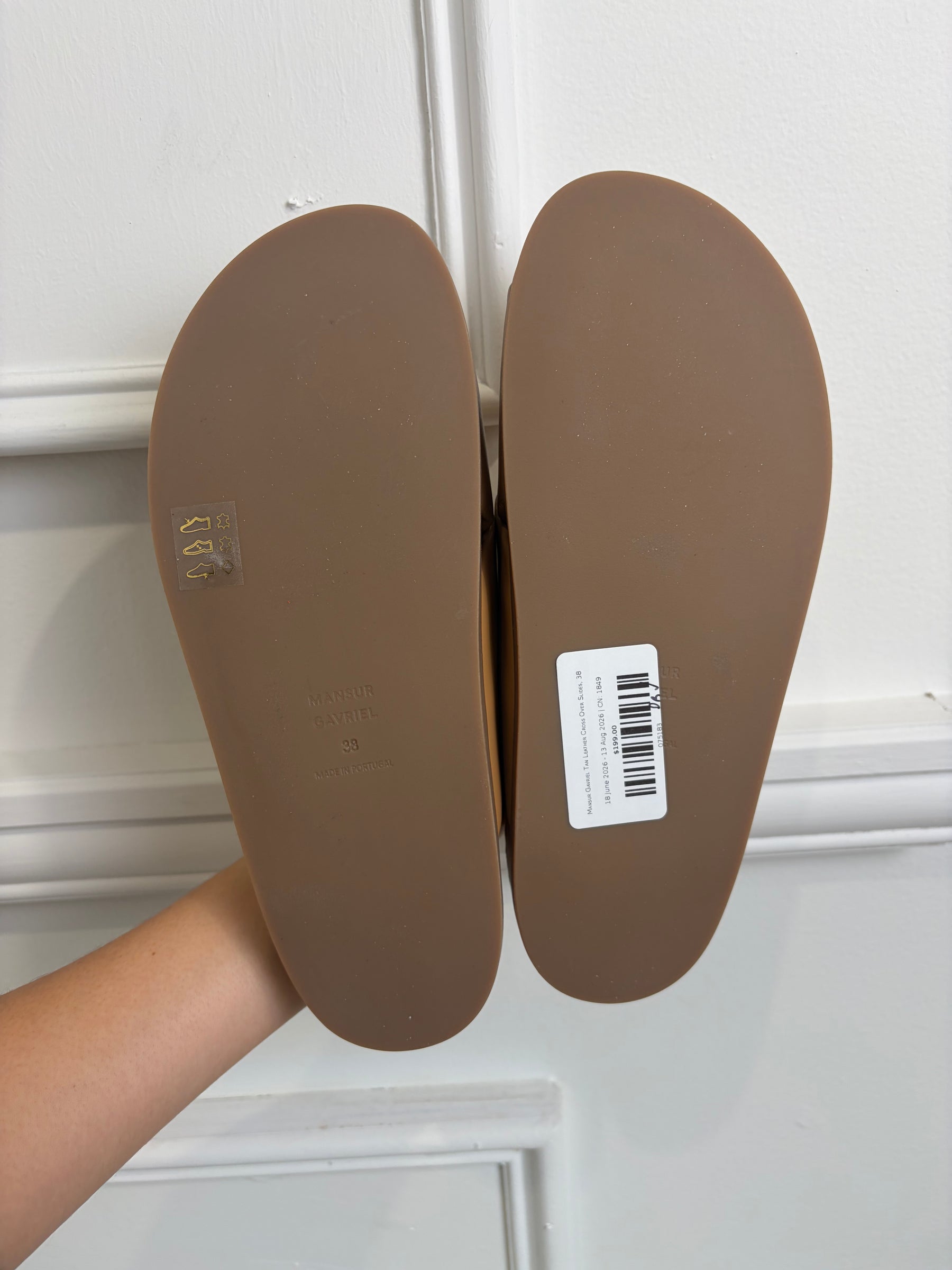 Mansur Gavriel Tan Leather Cross Over Slides, 38
