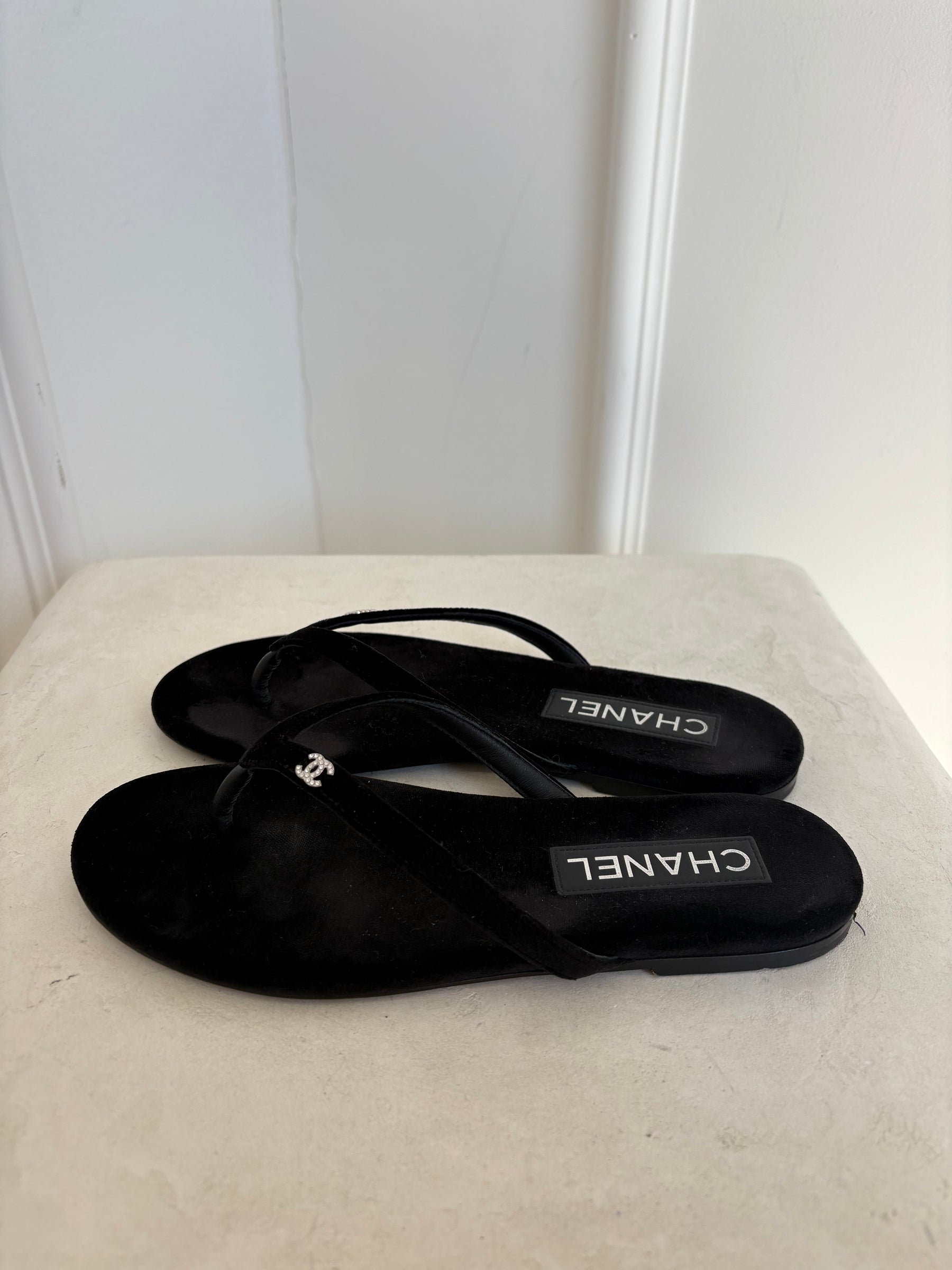 Chanel Black Velvet Crystal Logo Thong, 37 C