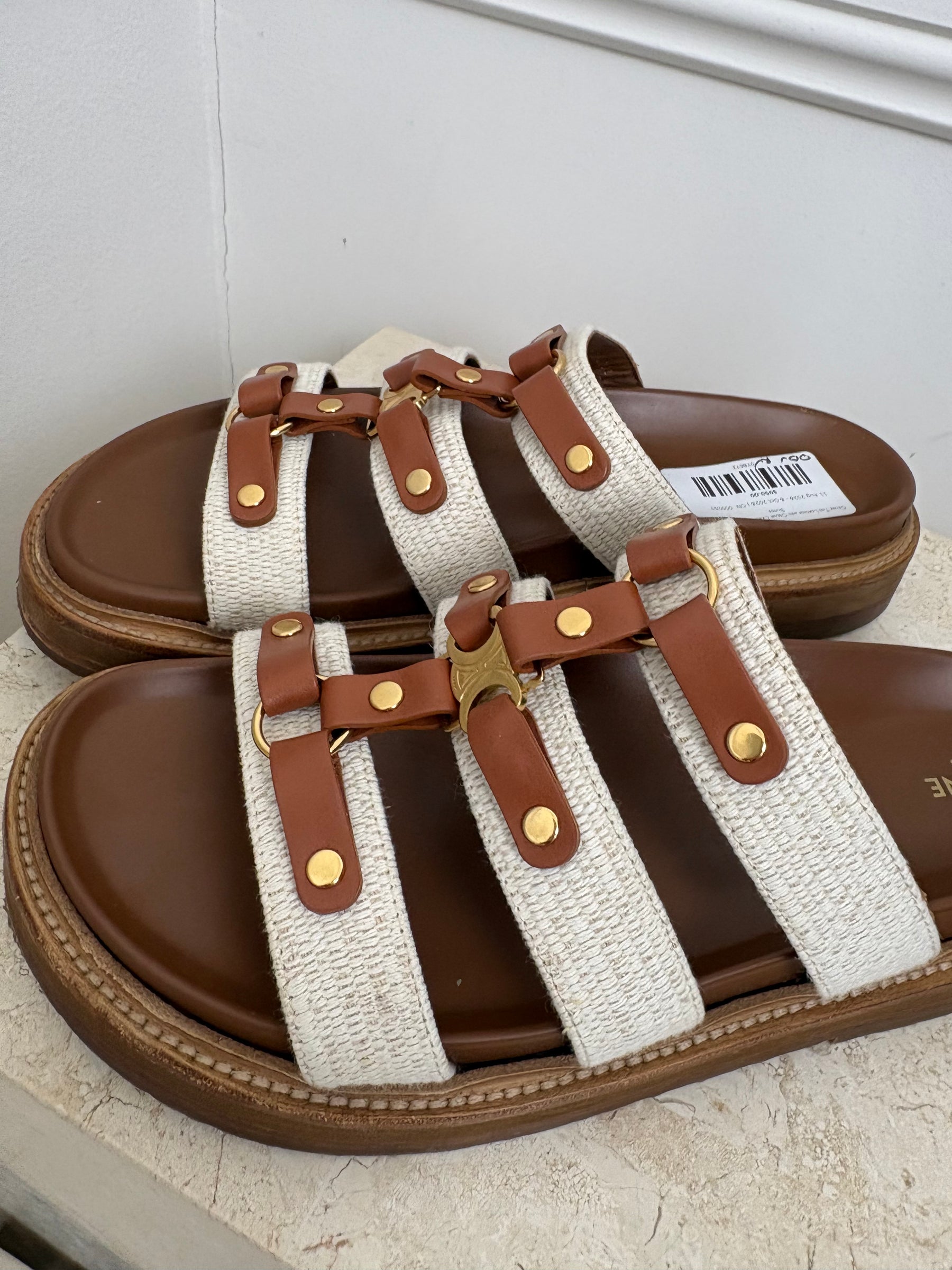 Celine Tan Leather and Cream Canvas Triomphe Tippi Slides