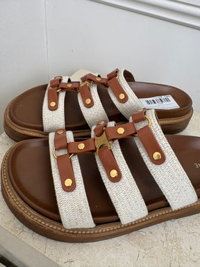 Celine Tan Leather and Cream Canvas Triomphe Tippi Slides