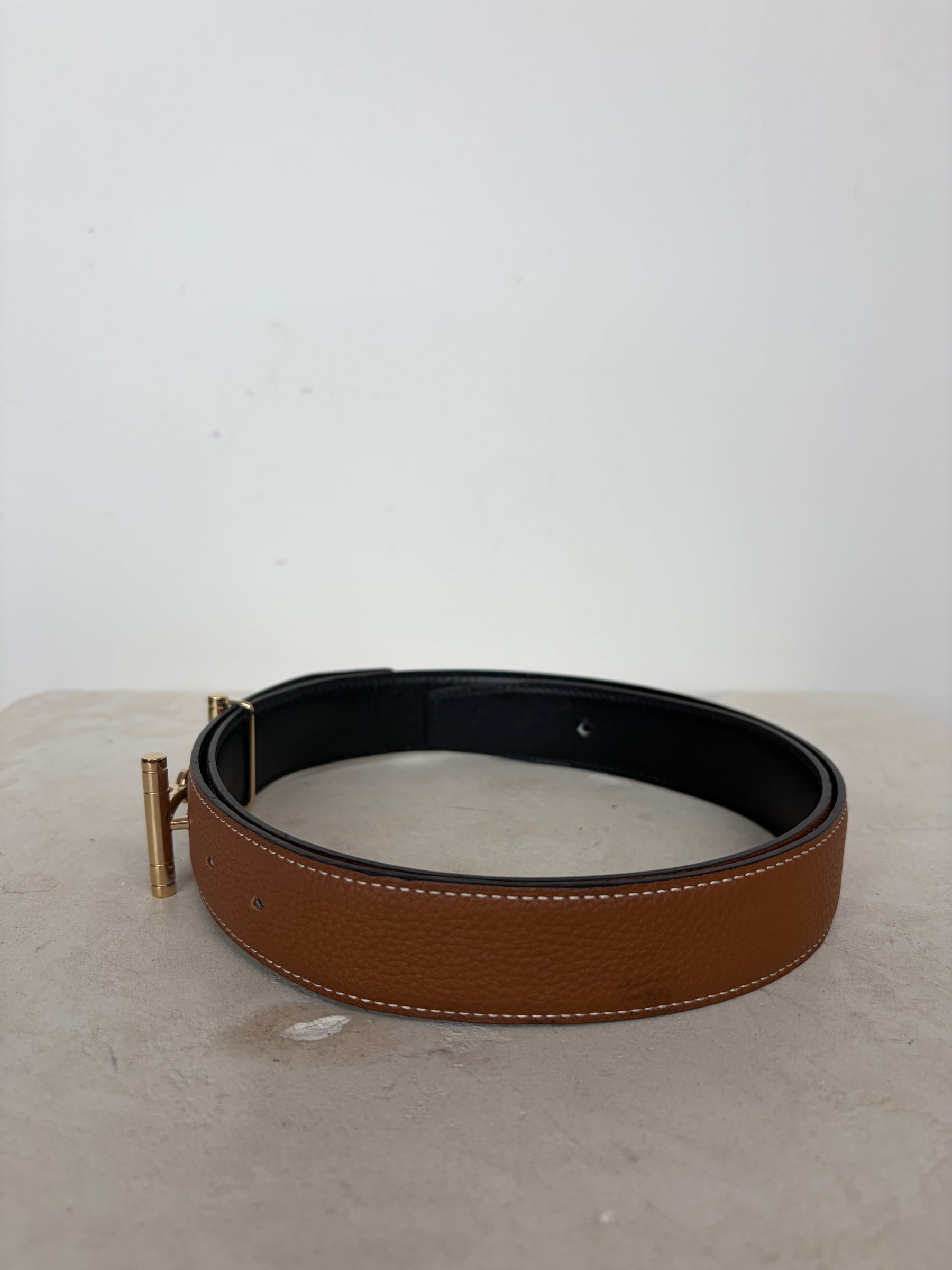 Hermès Reversible 38mm Hippique Belt In Togo Box Leather Tan Black, 92 cm