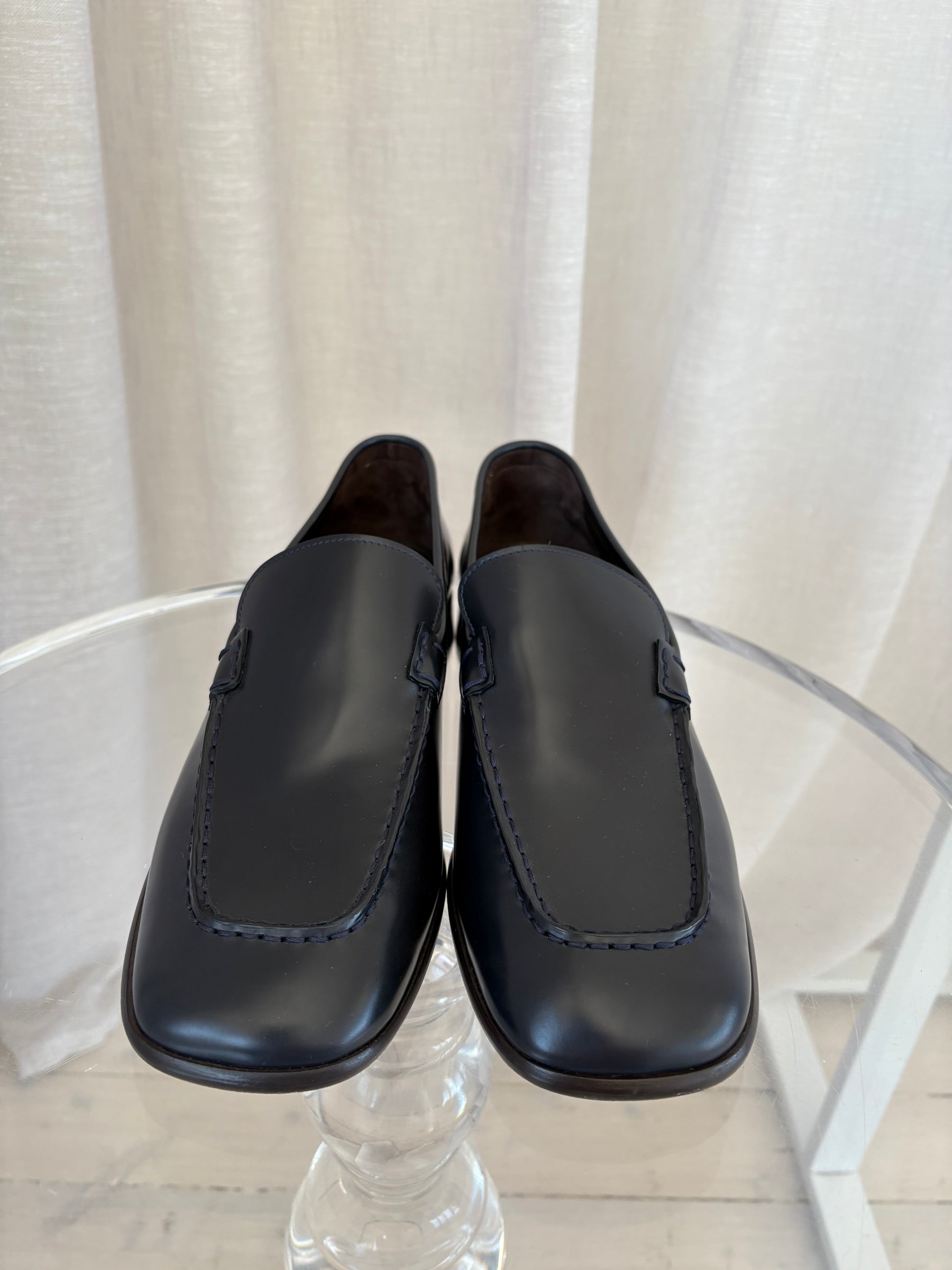 The Row Navy Leather "Mensy" Loafers, 40