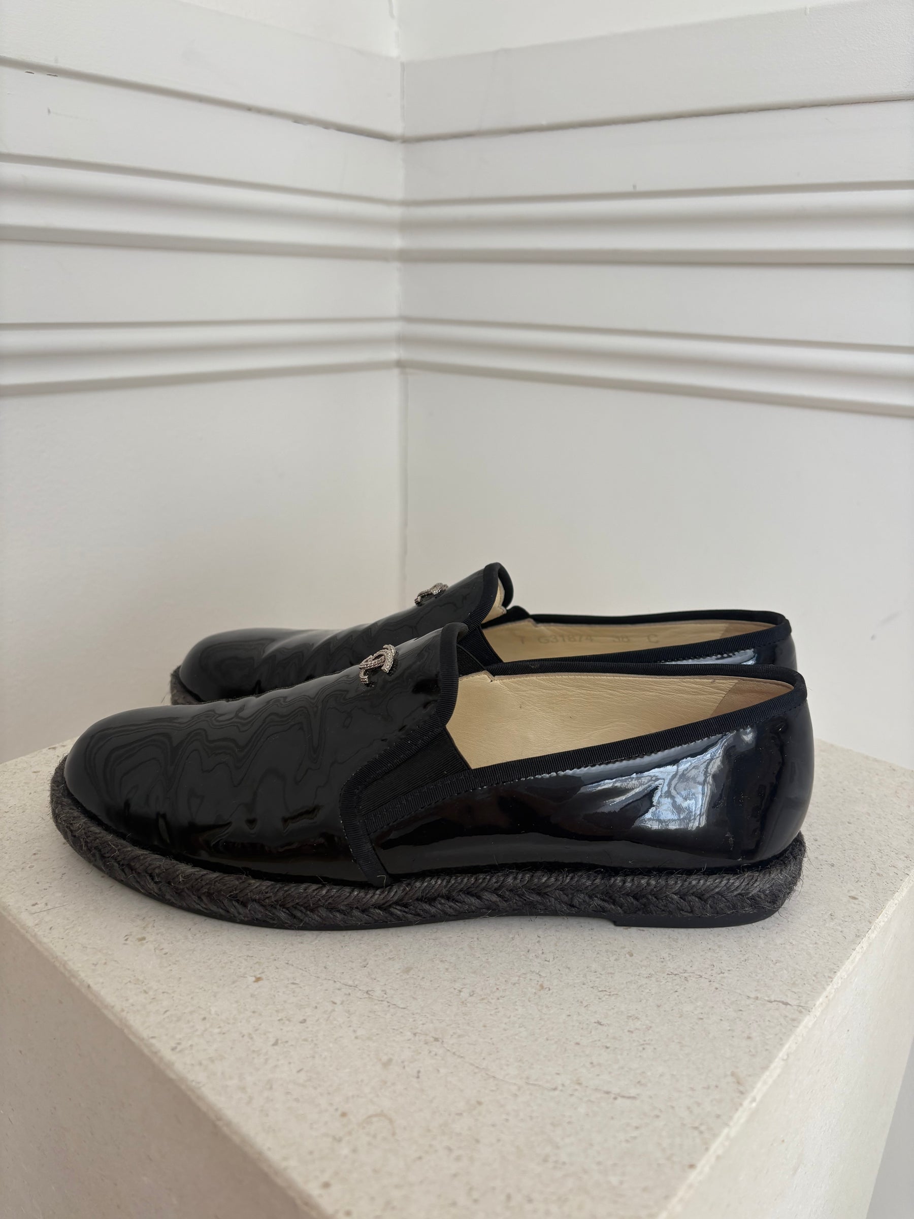 Chanel Black Patent Leather Espadrille, 38 C