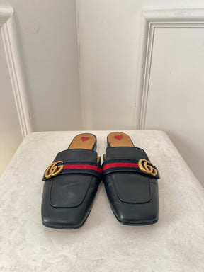 Gucci Black Leather Marmont Mules, 39.5