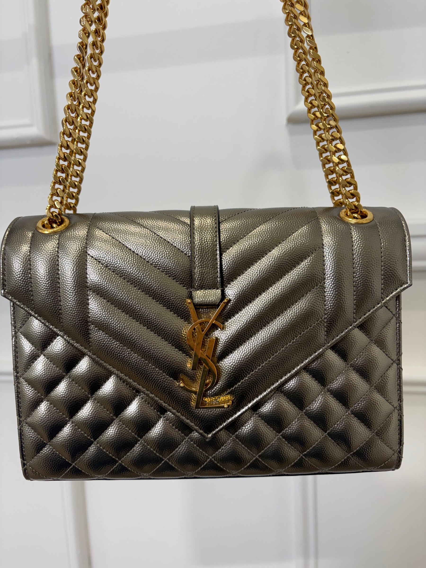 Saint Laurent Pewter Grained Leather Tri-QuiltEnvelope Bag