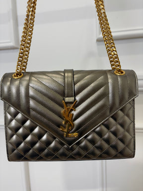 Saint Laurent Pewter Grained Leather Tri-QuiltEnvelope Bag