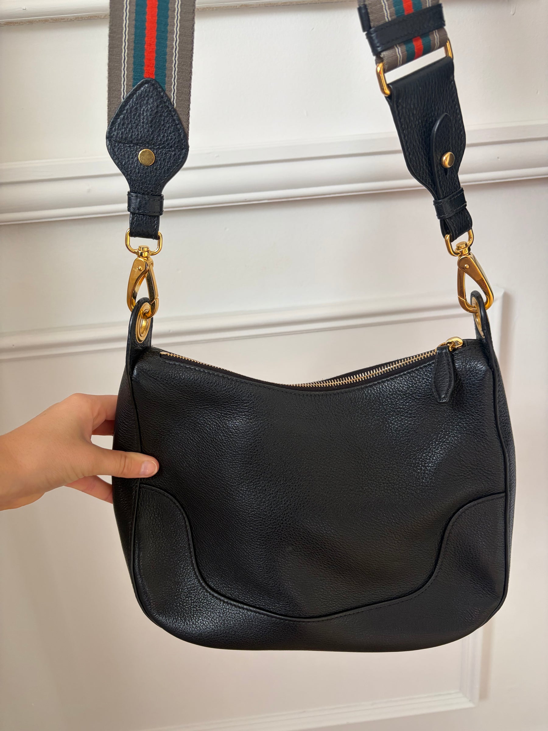 Prada Grained Leather Bag With Webbing Crossbody Strap