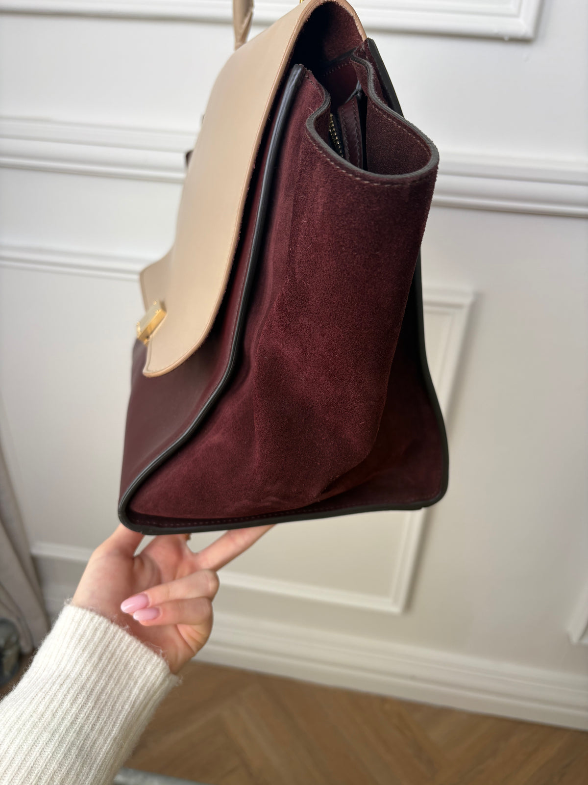 Celine Burgundy and Beige Leather and Suede Trapeze Bag