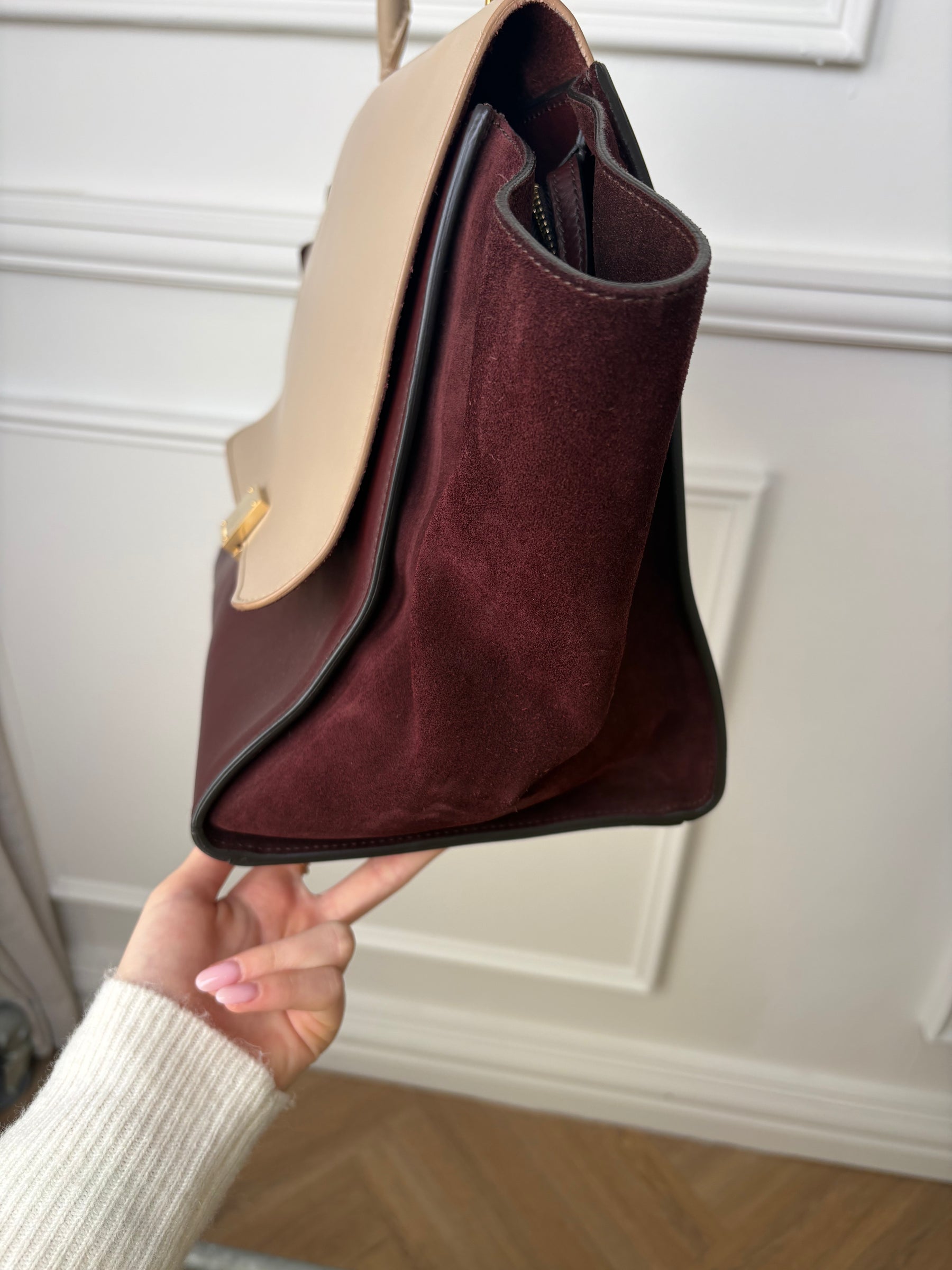 Celine Burgundy and Beige Leather and Suede Trapeze Bag