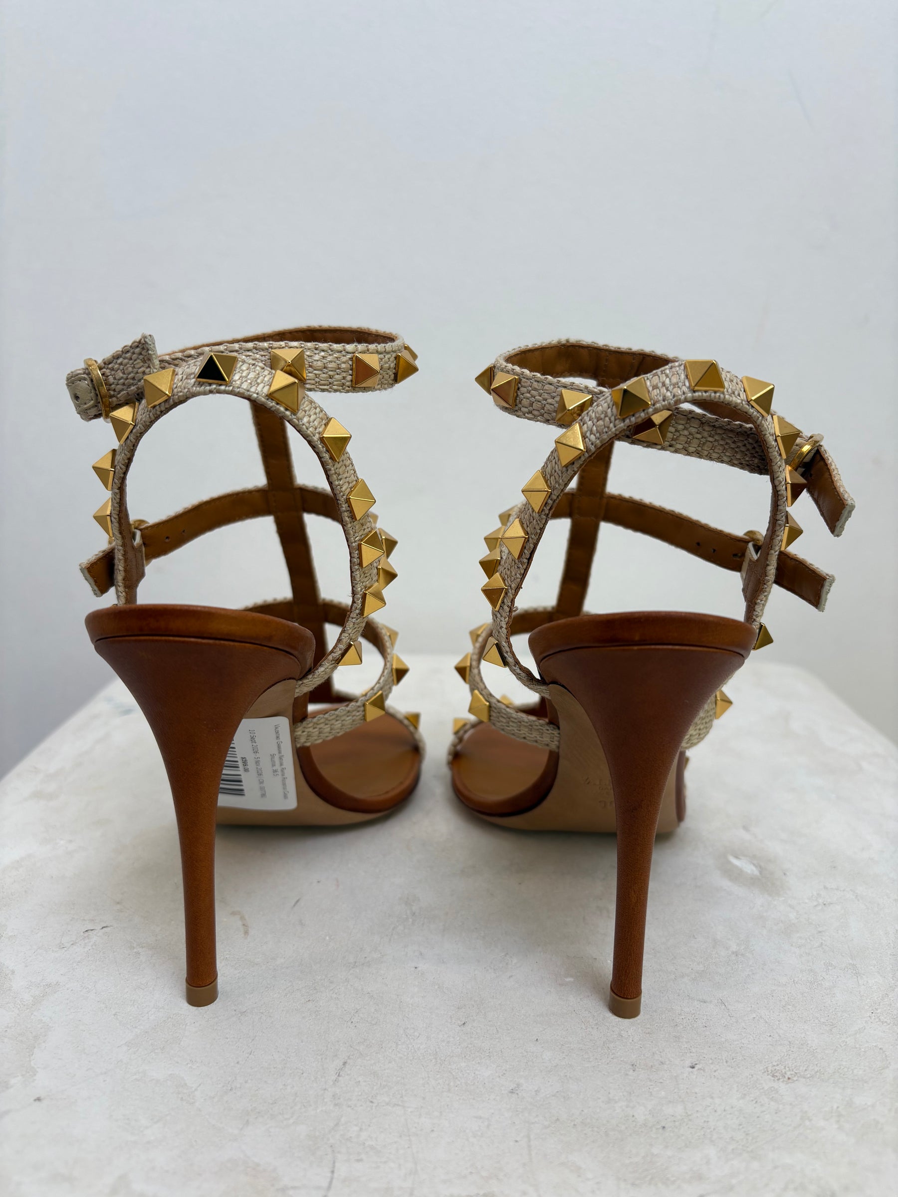 Valentino Garavani Natural Raffia Rockstud Caged Stilletos, 36.5