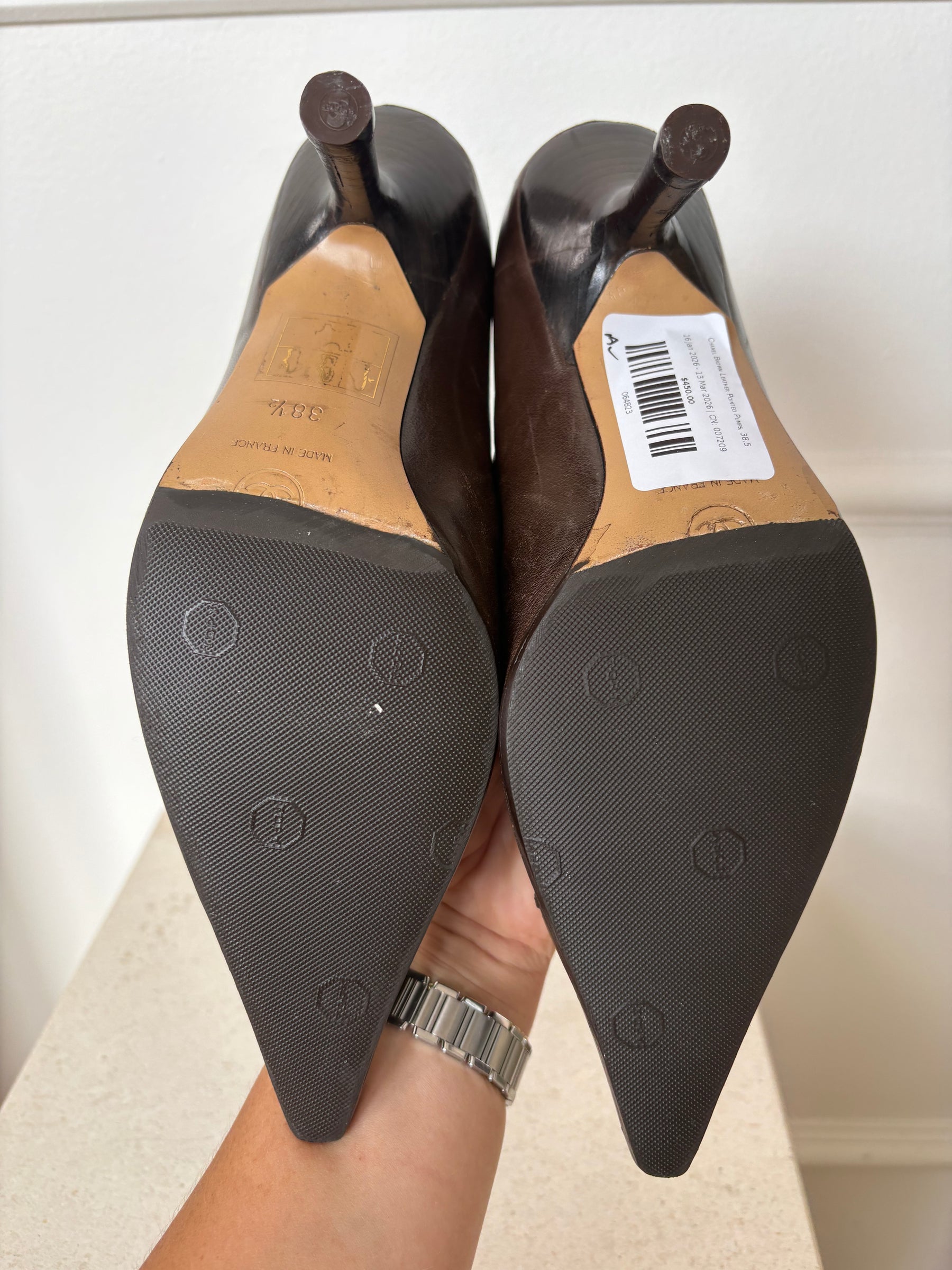 Chanel Brown Leather Pointed Pumps, 38.5