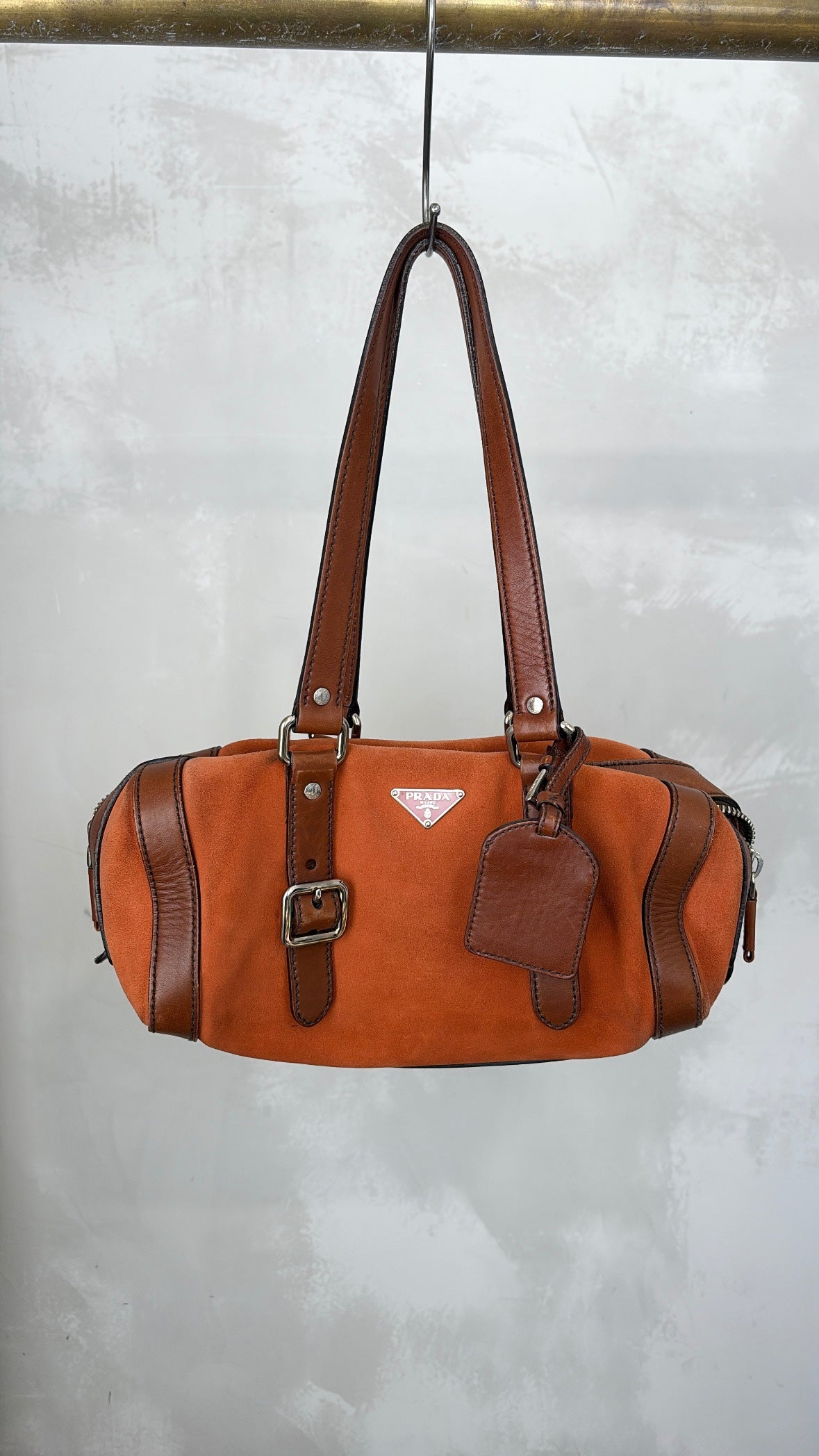 Prada Orange Suede and Brown Leather Bowling Bag