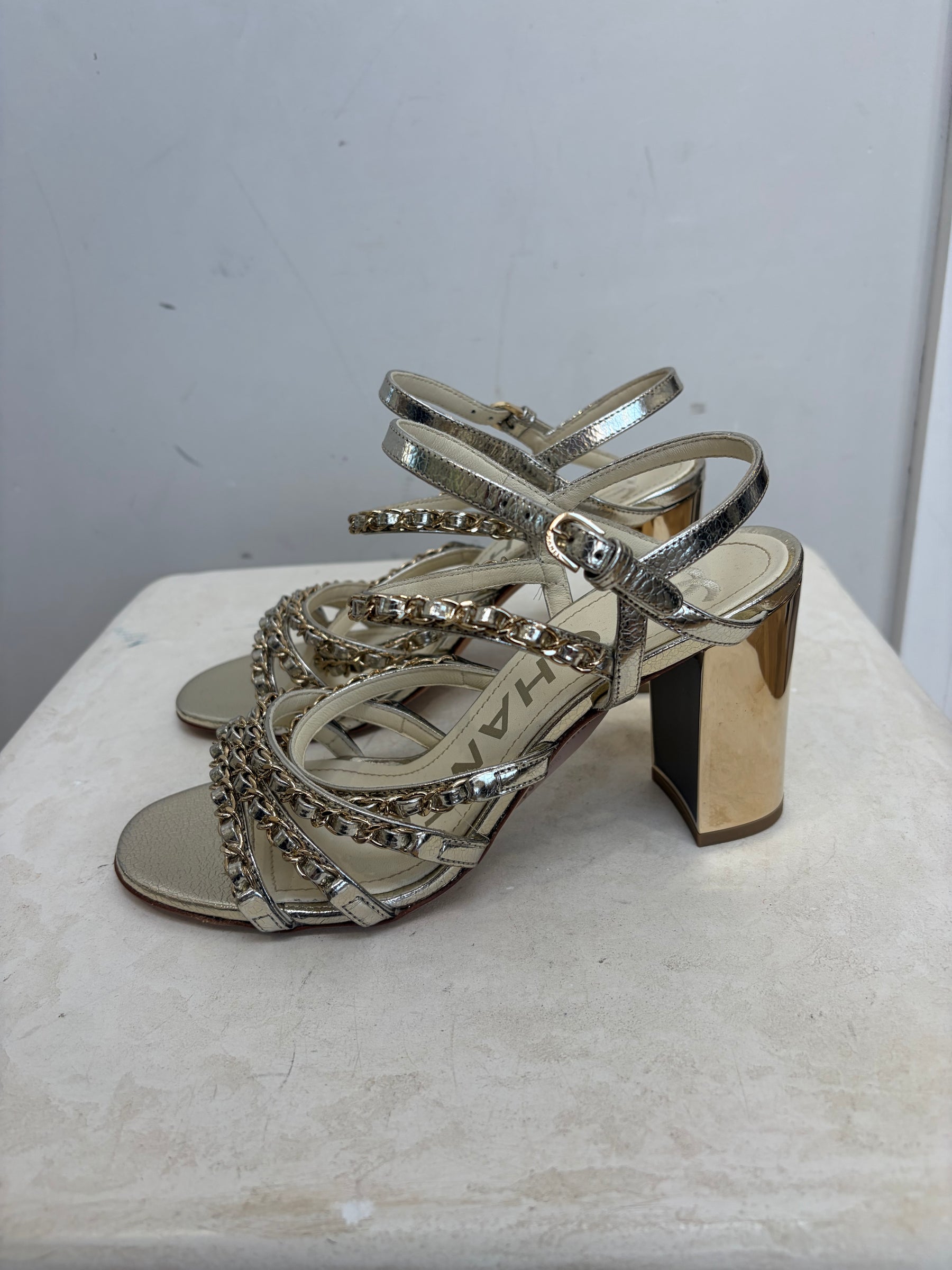 Chanel Champagne Leather Chain Strappy Heels, 37.5 C