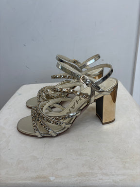 Chanel Champagne Leather Chain Strappy Heels, 37.5 C