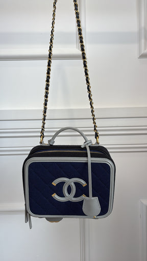 Chanel Black and Navy Jersey and Grey Leather Vanity Bag