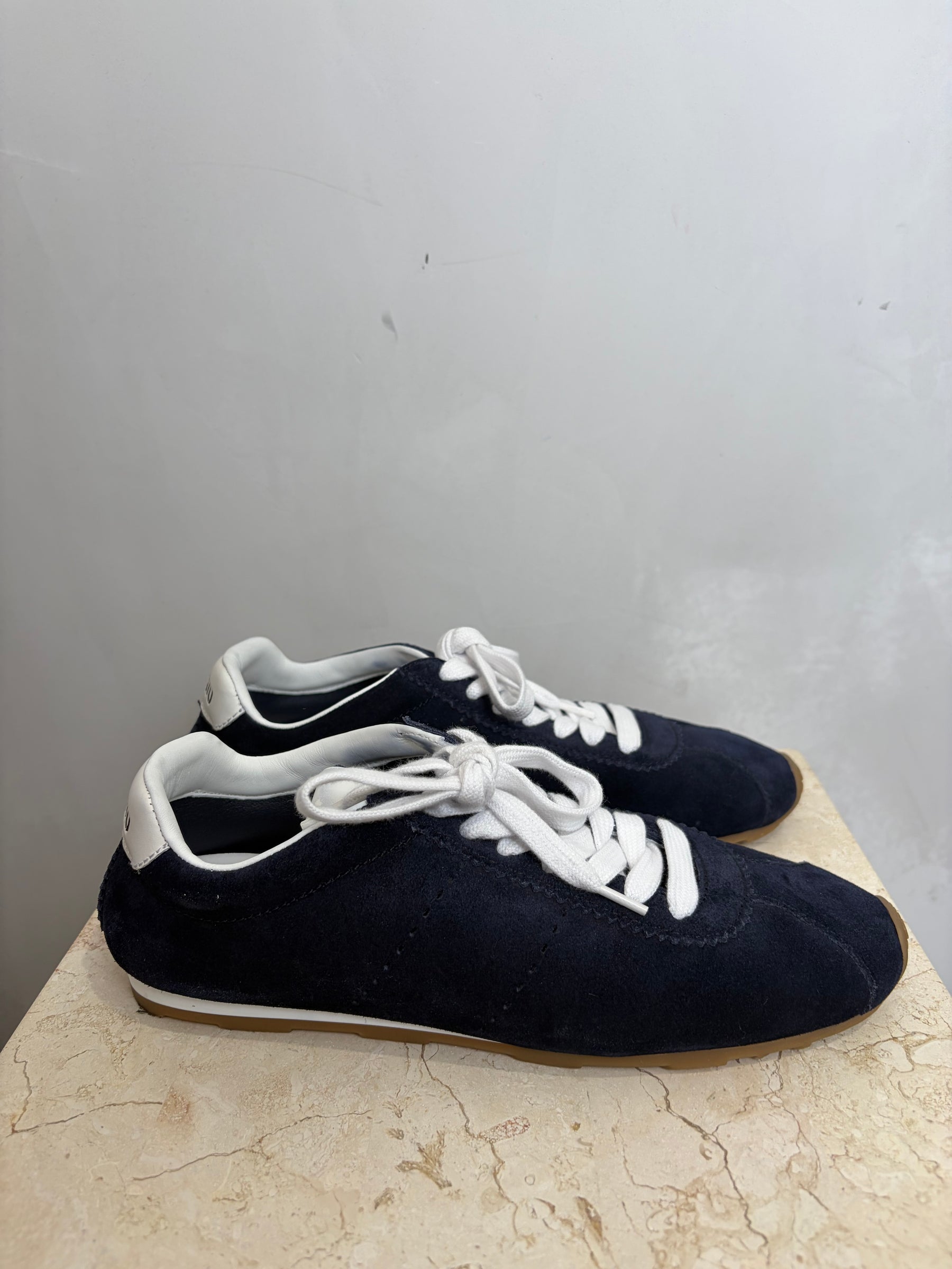 Miu Miu Navy Suede Logo Sneaker, 38