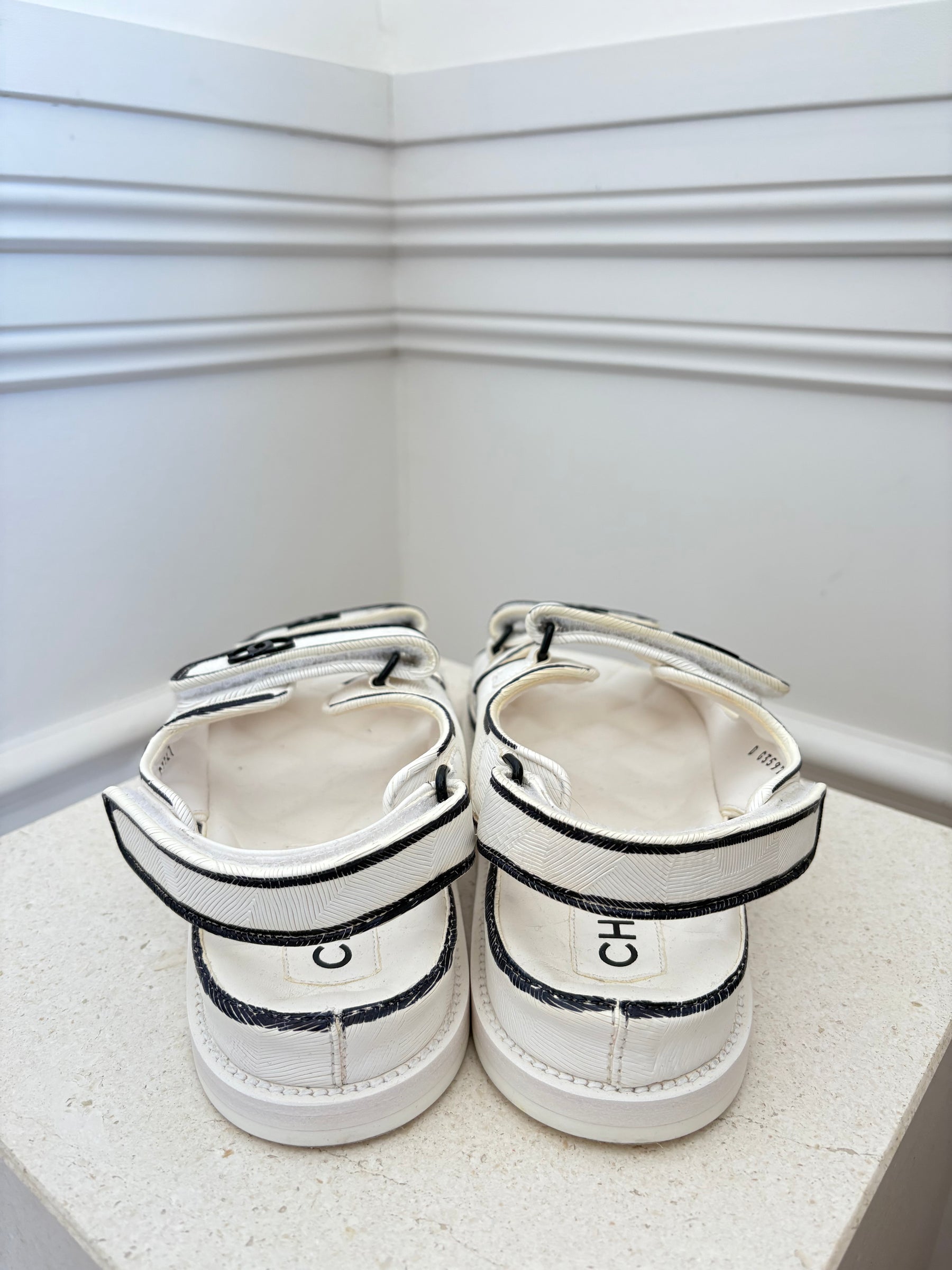 Chanel White and Black Sketch Print Dad Sandals, 37.5