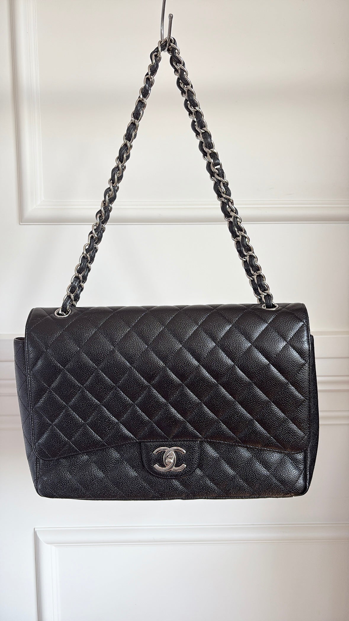 Chanel Caviar Leather Double Flap Maxi Bag Silver Hardware
