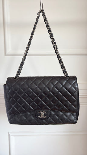 Chanel Caviar Leather Double Flap Maxi Bag Silver Hardware