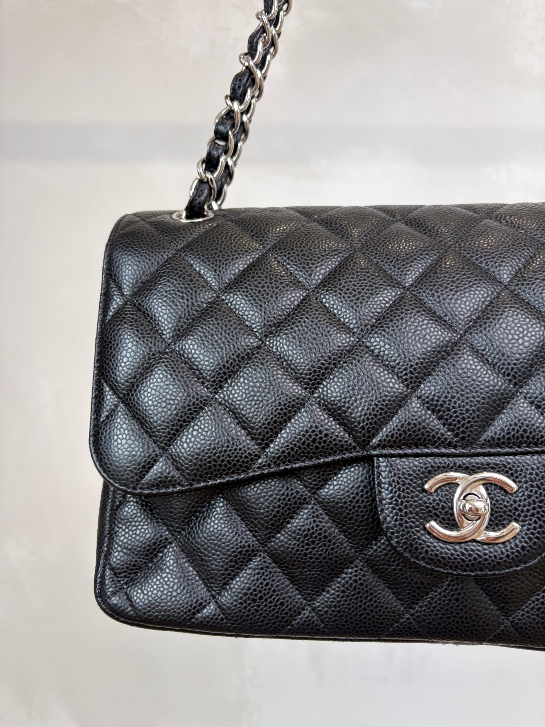 Chanel Jumbo Carviar Double Flap Bag Black Silver HW