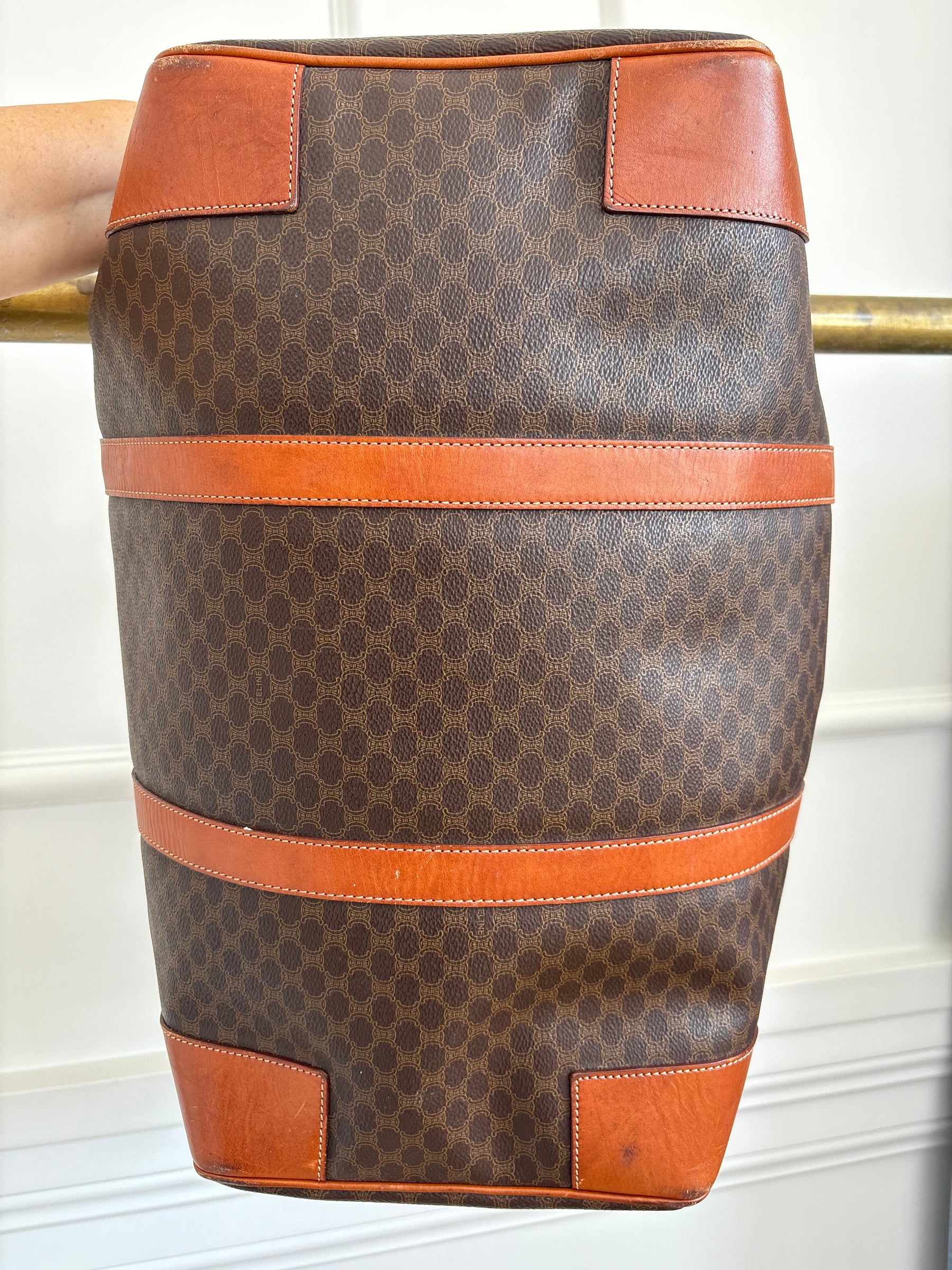 Celine Triomphe Canvas and Tan Leather Trim Duffle Bag