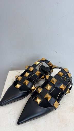 Valentino Garavani Black Leather Pointed Roman Stud Flats, 40