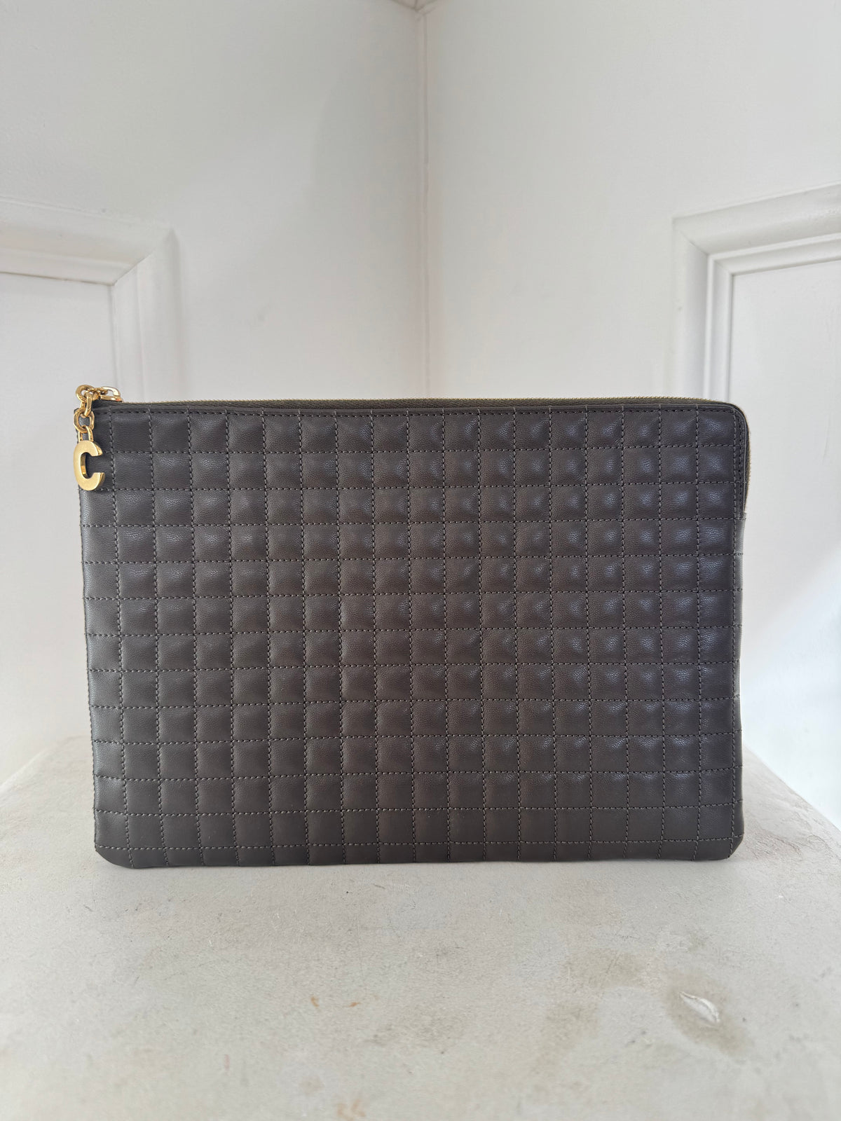 Celine Quilted Calfskin C Charm Clutch Bag Khaki