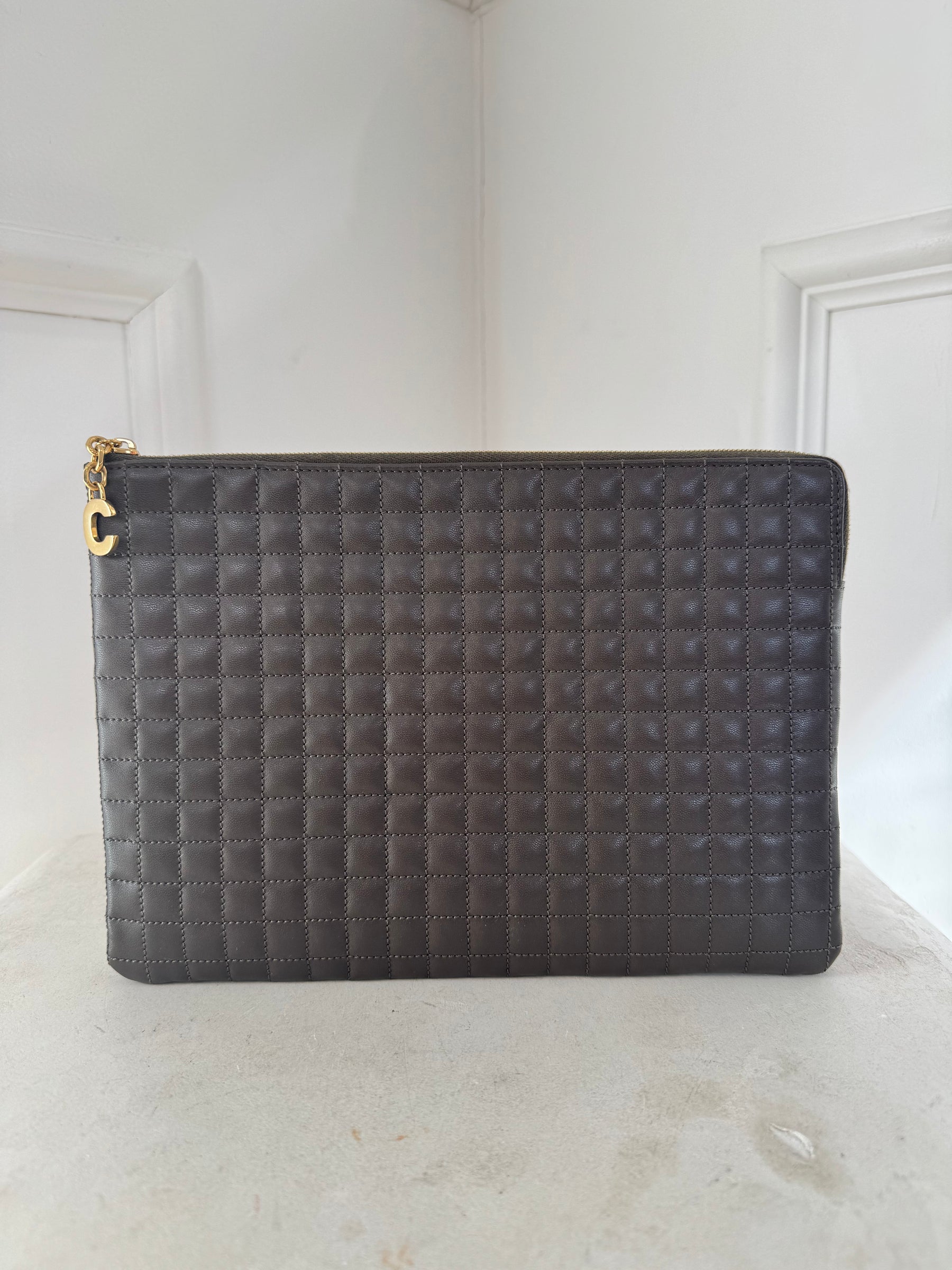 Celine Quilted Calfskin C Charm Clutch Bag Khaki